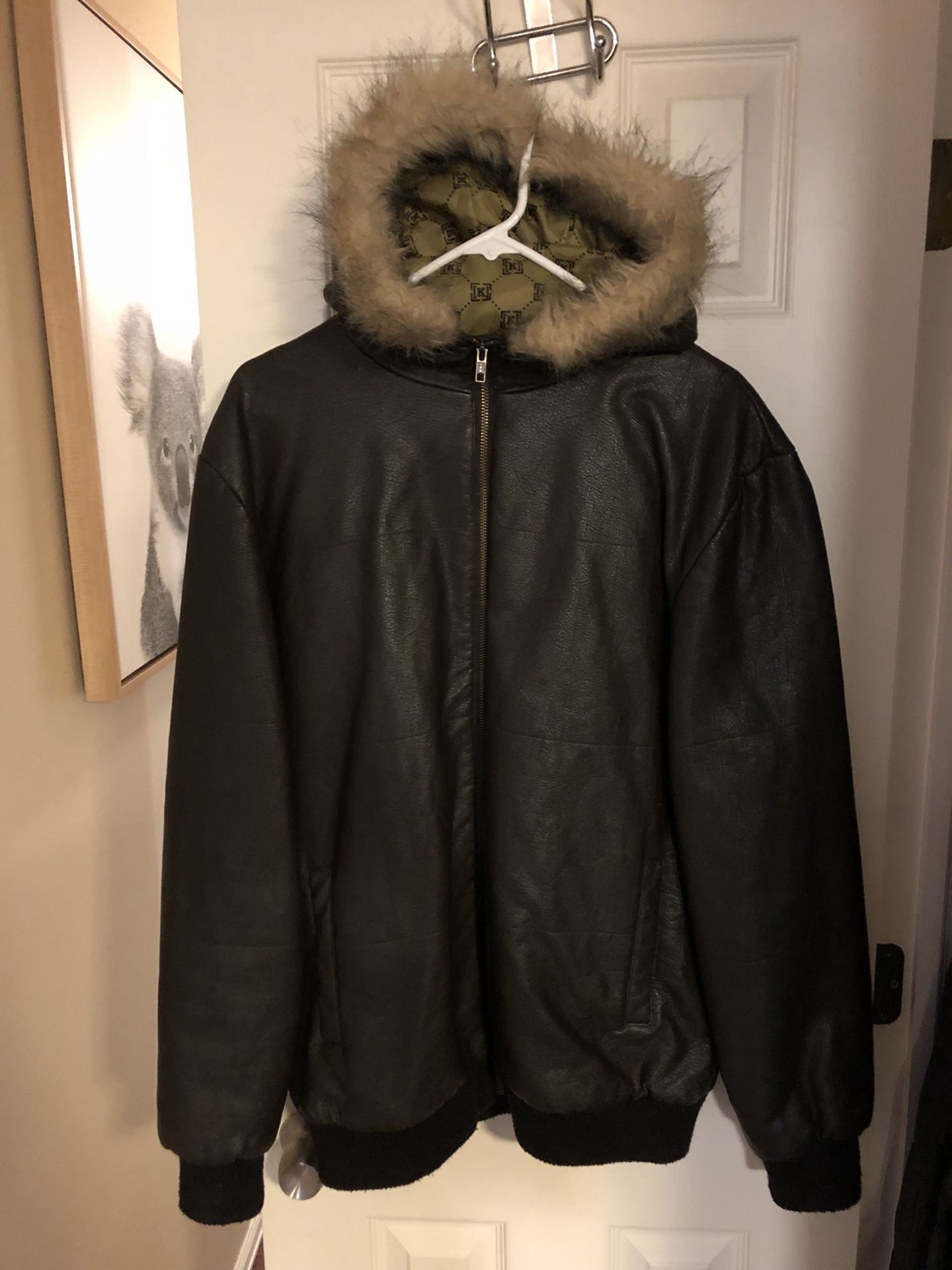 KR3W leather jacket with faux fur hood