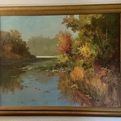 Landscape Oil Painting with Wooden Frame