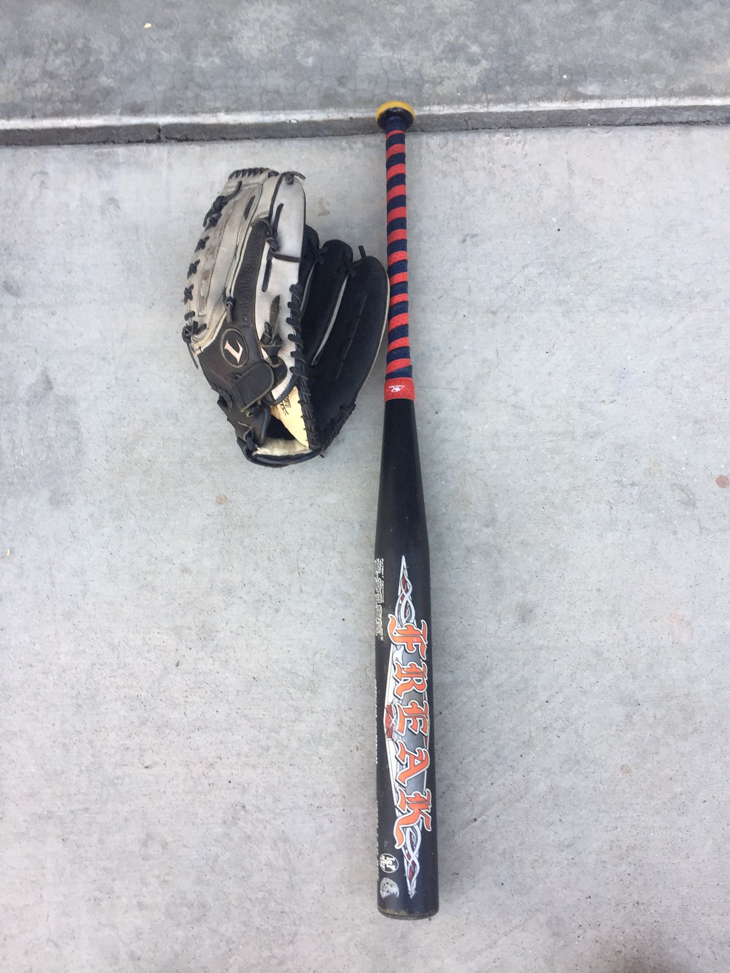 Miken Freak, softball bat, 34”x 26oz - $75, Louisville Slugger glove- $35, or $100 for both!
