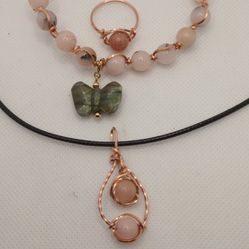 Pink Opal 3 PC Jewelry Set Bracelet,Ring Size 8 And Pendant Necklace 