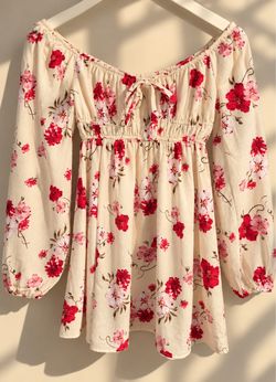 Free For All Floral Mini Dress Size L Cream Red Pink Smocked Puff Sleeve Boho