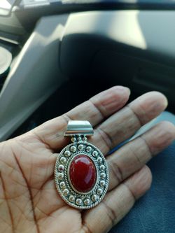 Artisan Sterling Silver Detailed Frame Red Cabochon Slide Pendant