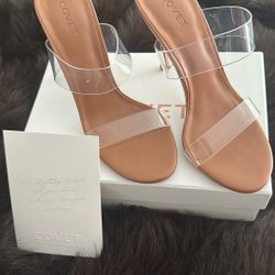 Bella Tan Clear Heels by Covet