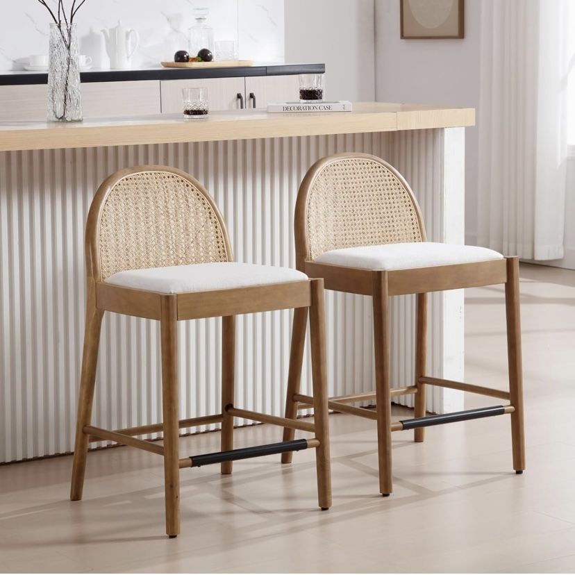 DUOMAY Modern Beige Rattan Counter Stools Set of 2, 26 Inch Height - Wooden Linen Upholstered Bar Stools Barstool with Oval Rattan Backrest - Armless