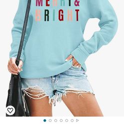 MOUSYA Christmas T-Shirt Women Merry Bright Colorful Letter Printed Sweatshirt Casual Long Sleeve Round Neck Pullover Tops