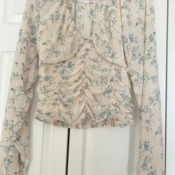 Free People Floral Blouse Large Cream & Blue NWT 
