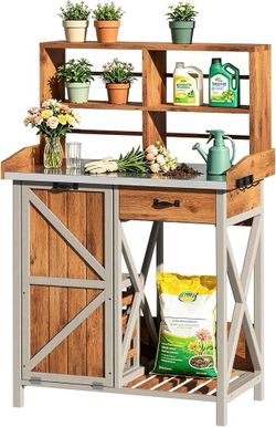 Outdoor Potting Bench with Storage, Garden Work Table with Metal Table Top, Indoor Wooden Work Station w/Side Hooks, Large Shelves, Heavy-Duty Workben