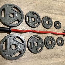 NEW Olympic Red Curl Bar With Pairs From 5s To 25s [total: 105 lbs)