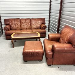Leather Couch, Chair with Ottoman & Coffee Table