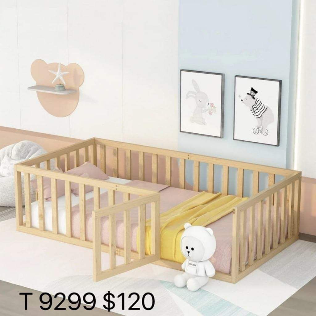 Twin Size Toddler Floor Bed,Pine Wood Kids Floor Bed Frame with Fence and Door,Natura(9299)
