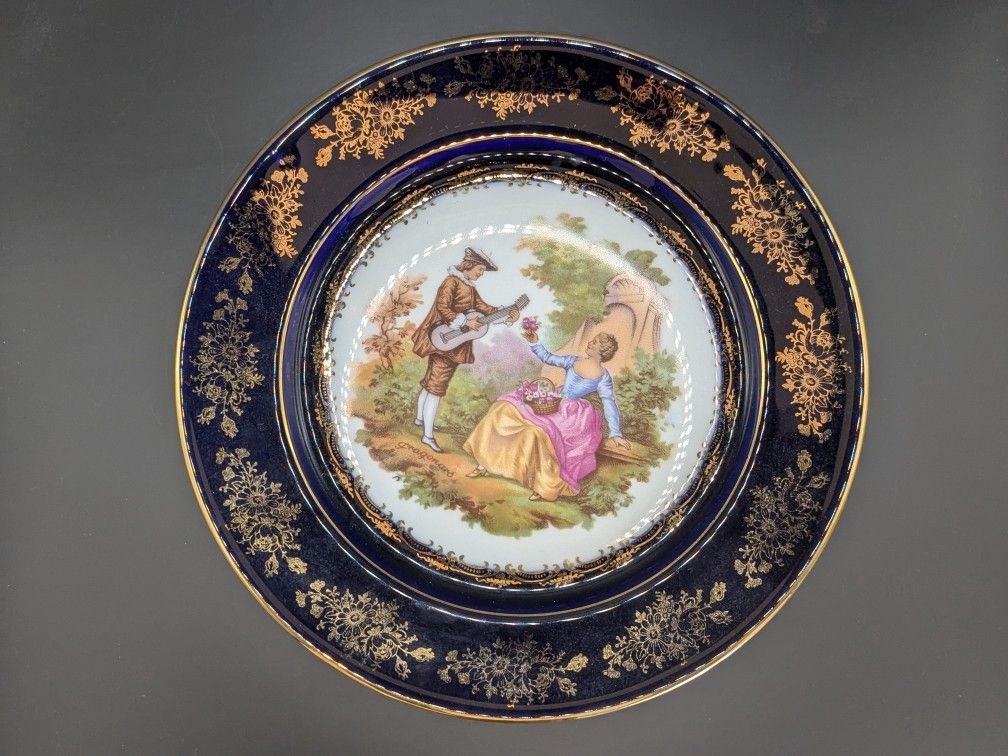 Limoges Cobalt Blue 22k Gold Accented Porcelain Plate - Courting Couple