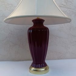 Beautiful Table Lamp (26.5"H) - Beige Linen Imperial Shade (7.25” Top, 20.5” Bottom), Burgundy Ceramic Body (15”H) & 6" Round Base with Gold Trim
