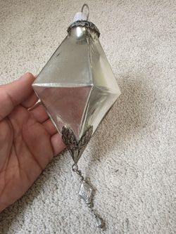 Vintage Style Silver Mirrored Glass Diamond Christmas Ornament Metal Dangle 6.5"