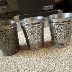 Set of 3 Engraved Vintage Metal Cups – Ornate Floral Design