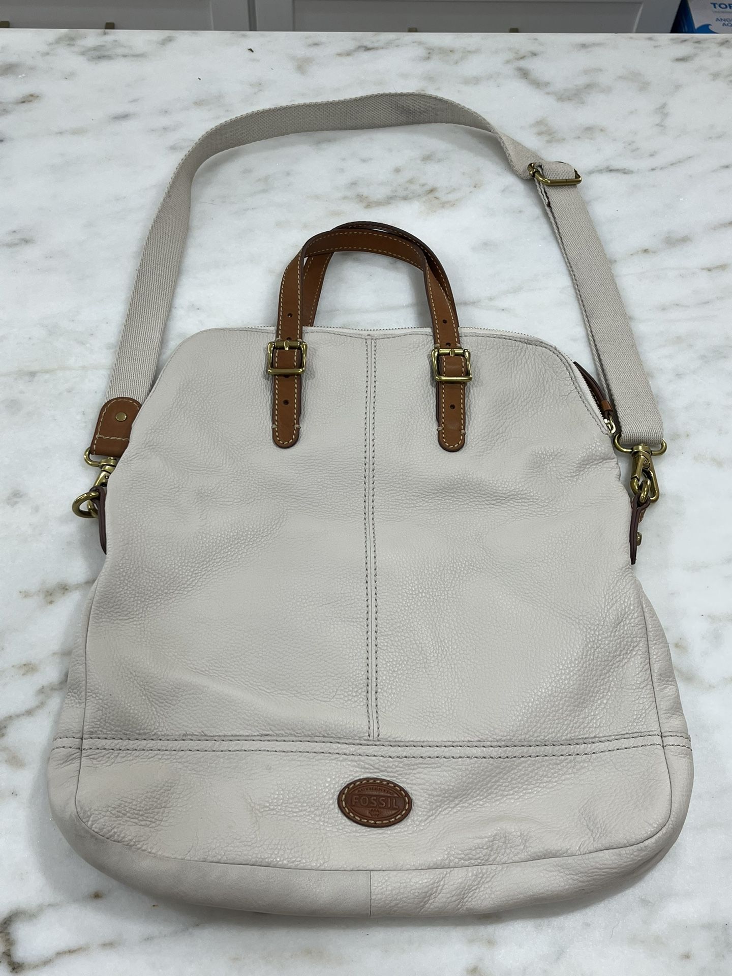 Fossil Purse Explorer Messenger Cross Body Bag Leather Cream Brown Large Adjustable