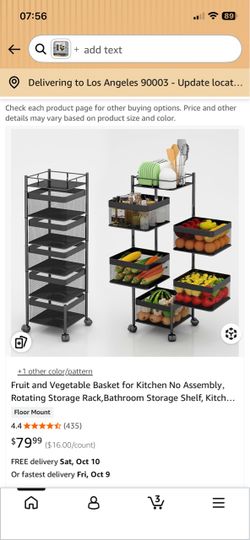 Fruit and Vegetable Basket for Kitchen No Assembly， Rotating Storage Rack,Bathroom Storage Shelf, Kitchen Organizers and Storage Cart on Rolling Wheel