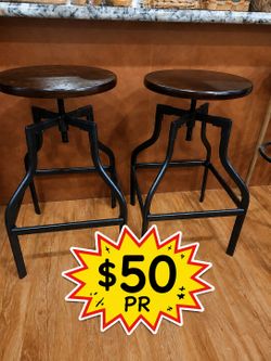 Industrial Bar Stools with Wood Seat – Set of 2
