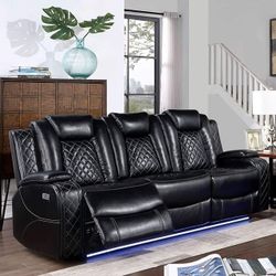 BLACK BONDED LEATHER SOFA RECLINER WIRELESS CHARGING LED LIGHTS - SILLON RECLINABLE