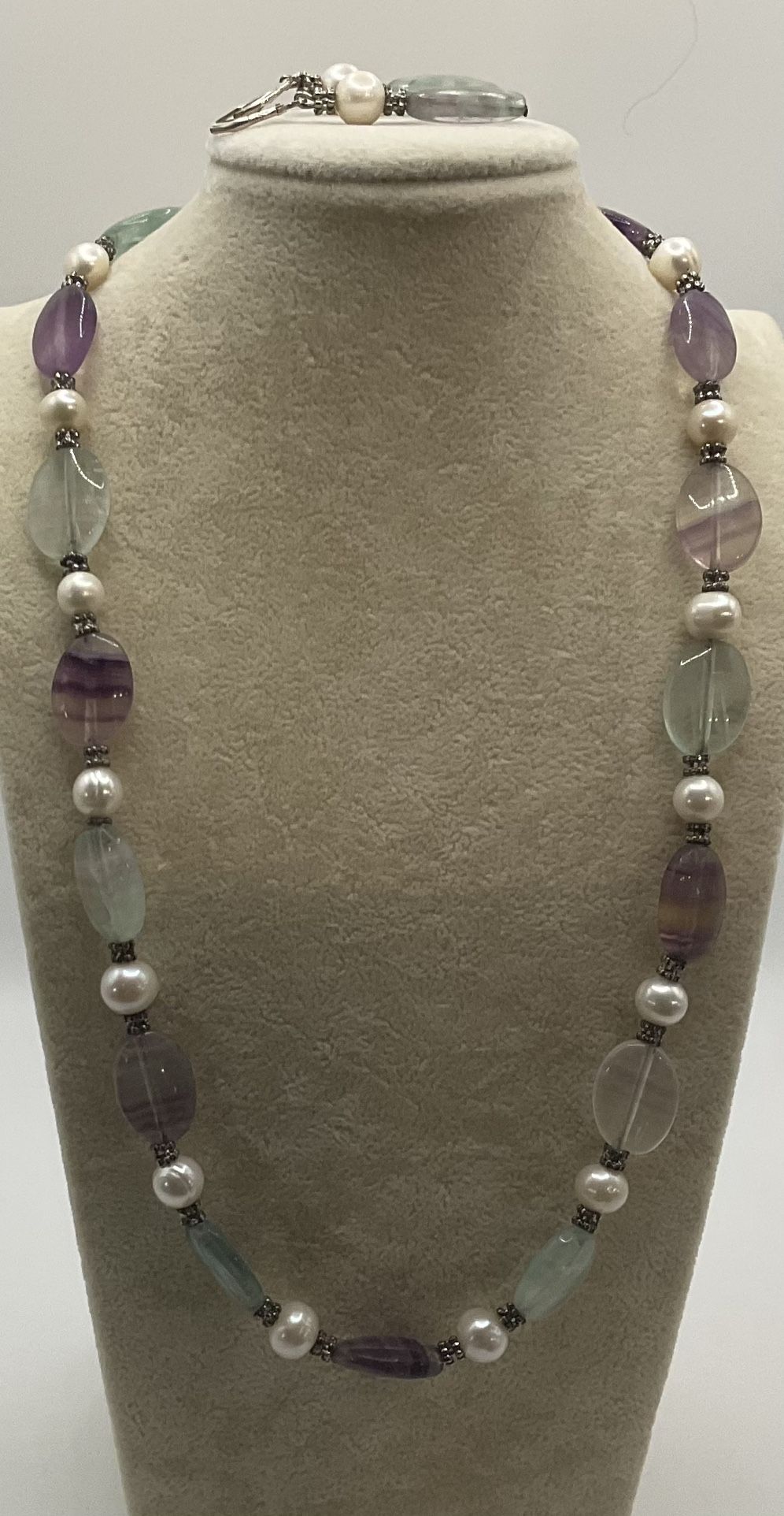 Fluorite Pearl & Sterling Silver Necklace With Matching Earrings