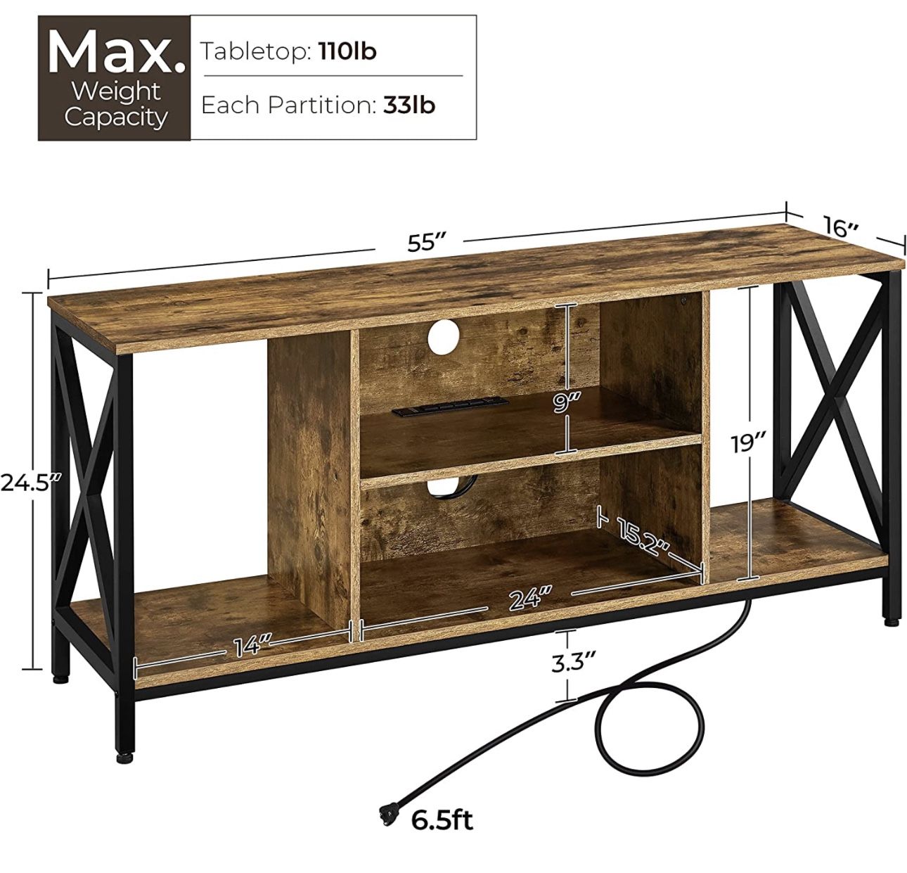 TV Stand with Power Outlets for 65 inch TV, Industrial Entertainment Center TV Console with Charging Station, TV Cabinet with Open Storage Shelves for