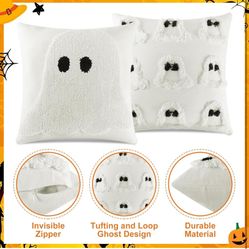 2 Pcs Halloween Pillow Covers 18x18 Inch White Ghost Throw Pillow Cases, Halloween Decorations Spooky Cushion Cover Gothic Couch Case for Holiday Fall