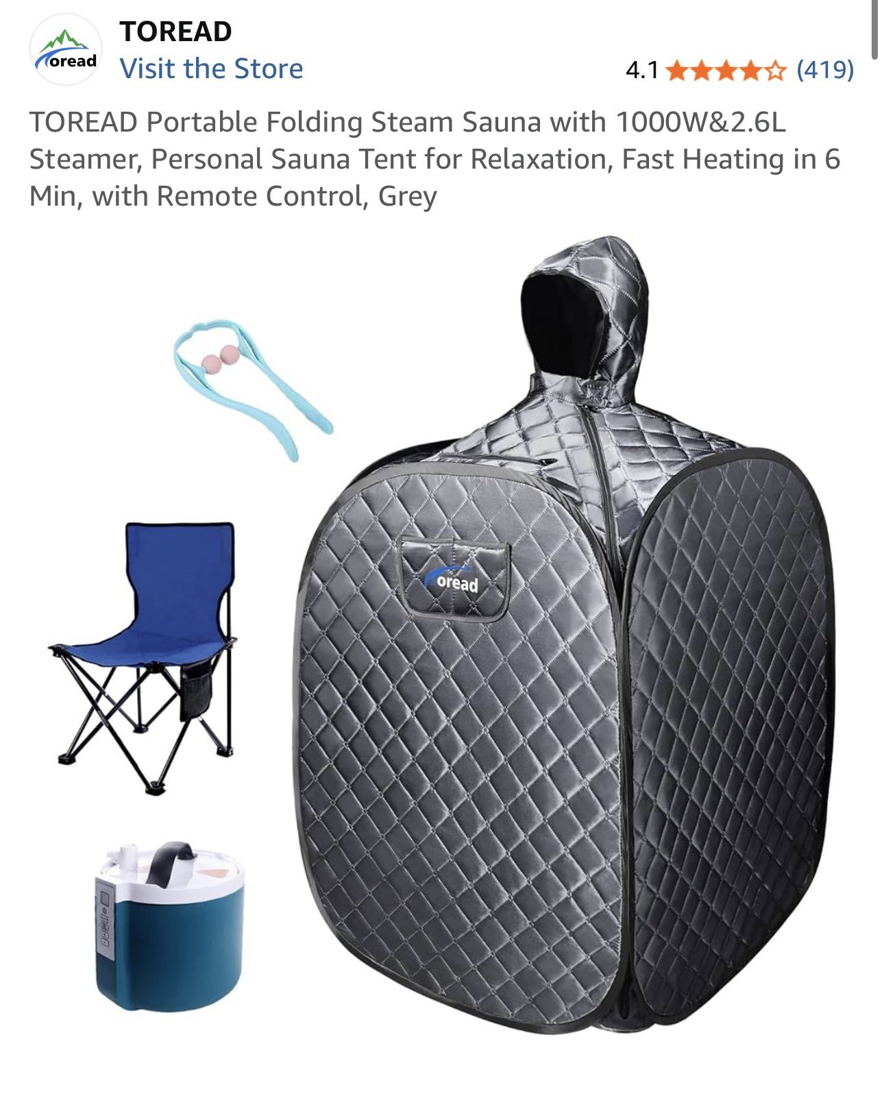 TOREAD Portable Folding Steam Sauna with 1000W&2.6L Steamer, Personal Sauna Tent for Relaxation, Fast Heating in 6 Min, with Remote Control, Grey