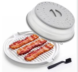 Ceramic Microwave 12” Bacon Cooker with Lid,Cooks 8‑10 Pieces of Crispy and Healthy Bacon at Once, Microwave‑safe, Easy to Clean for Bacon, Tacos, Sau