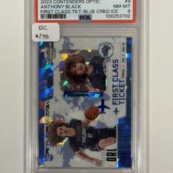 2023 Contenders Optic First Class Ticket Blue Cracked Ice Prizm #8 Anthony Black RC #/75 PSA NM-MT 8