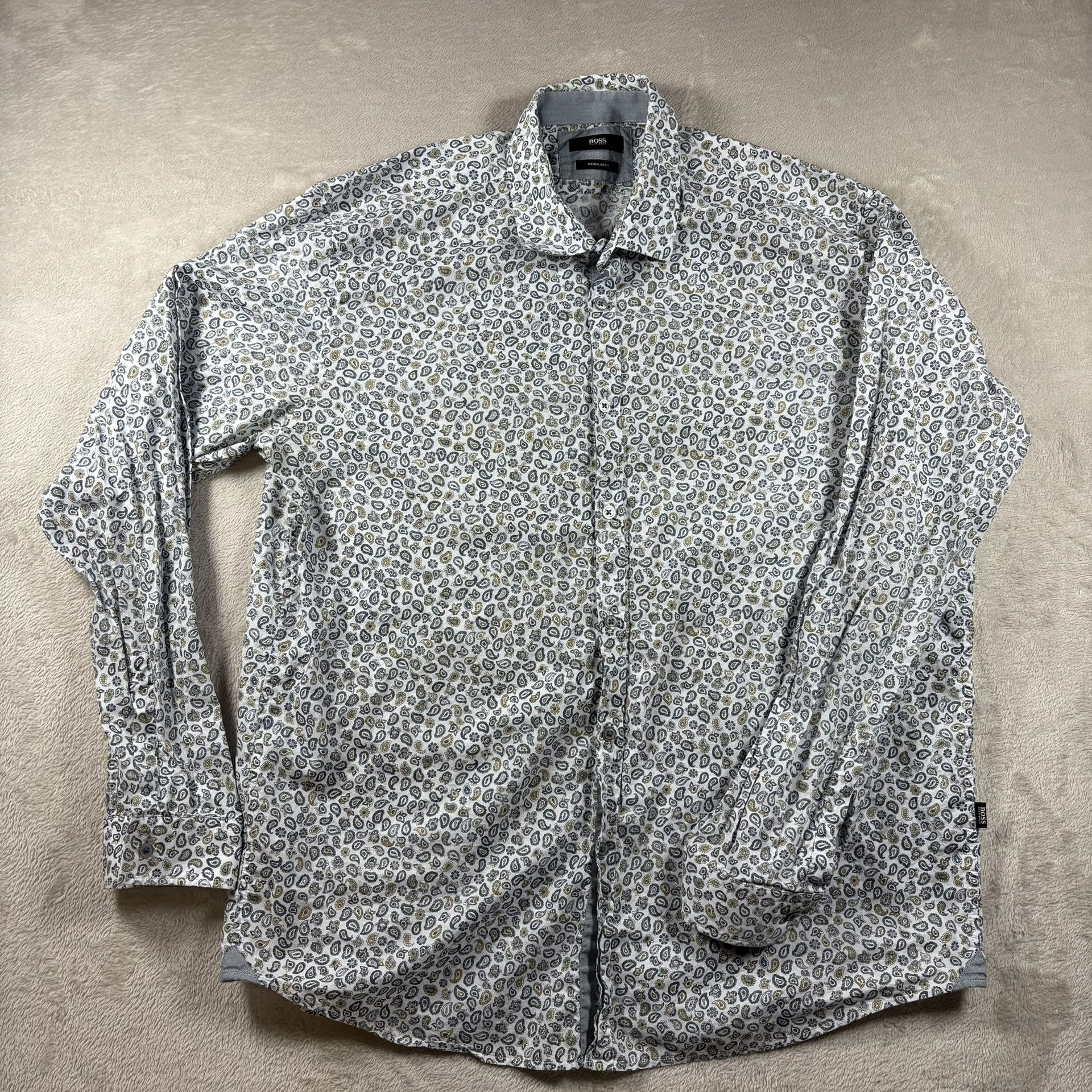 Hugo Boss Shirt Men’s 2XL Blue Classic Regular Fit All Over Print Geometric #802
