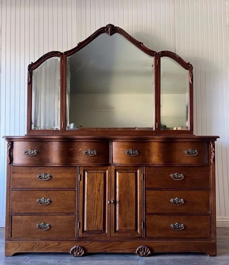 Vintage French Provincial Country Farmhouse Dresser with Mirror Bedroom Furniture Cabinet