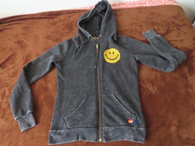 Aviator Nation Womens Charcoal  Pockets Smiley Full Zip Hoodie XS (flawed)