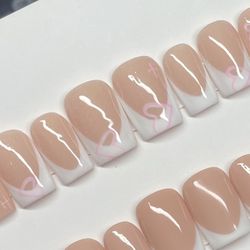 Short square press on nails white French tip pink hearts nude glitter