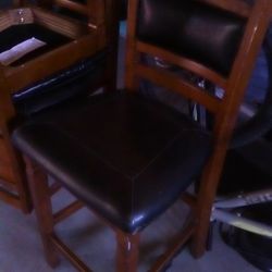 (4) Wooden & Leather Chairs/Stools