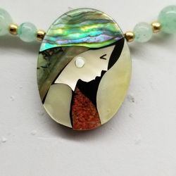 Exquisite Apple Coral And Abalone Art Deco Lady Jade Colored Semi-precious Stones