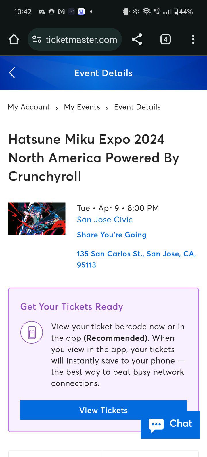 Miku Expo Ticket San Jose For Tomorrow April 9