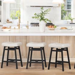 LUE BONA Counter Height Bar Stools Set of 3, Barstools with Thick Faux Leather Saddle Seat & Heavy Duty Metal Legs,24Inch Kitchen Counter Stools,