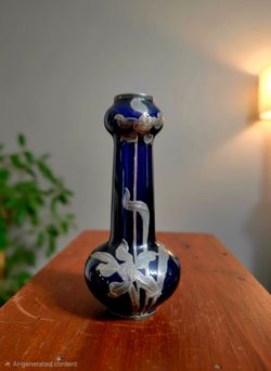 deep cobalt blue glass vase featuring an intricate silver-overlay floral design 5"