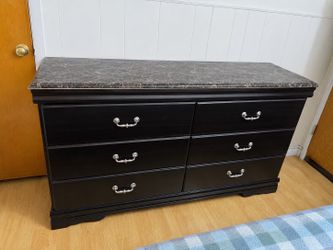 Dark Wood 6-Drawer Dresser with Marble-Style Top