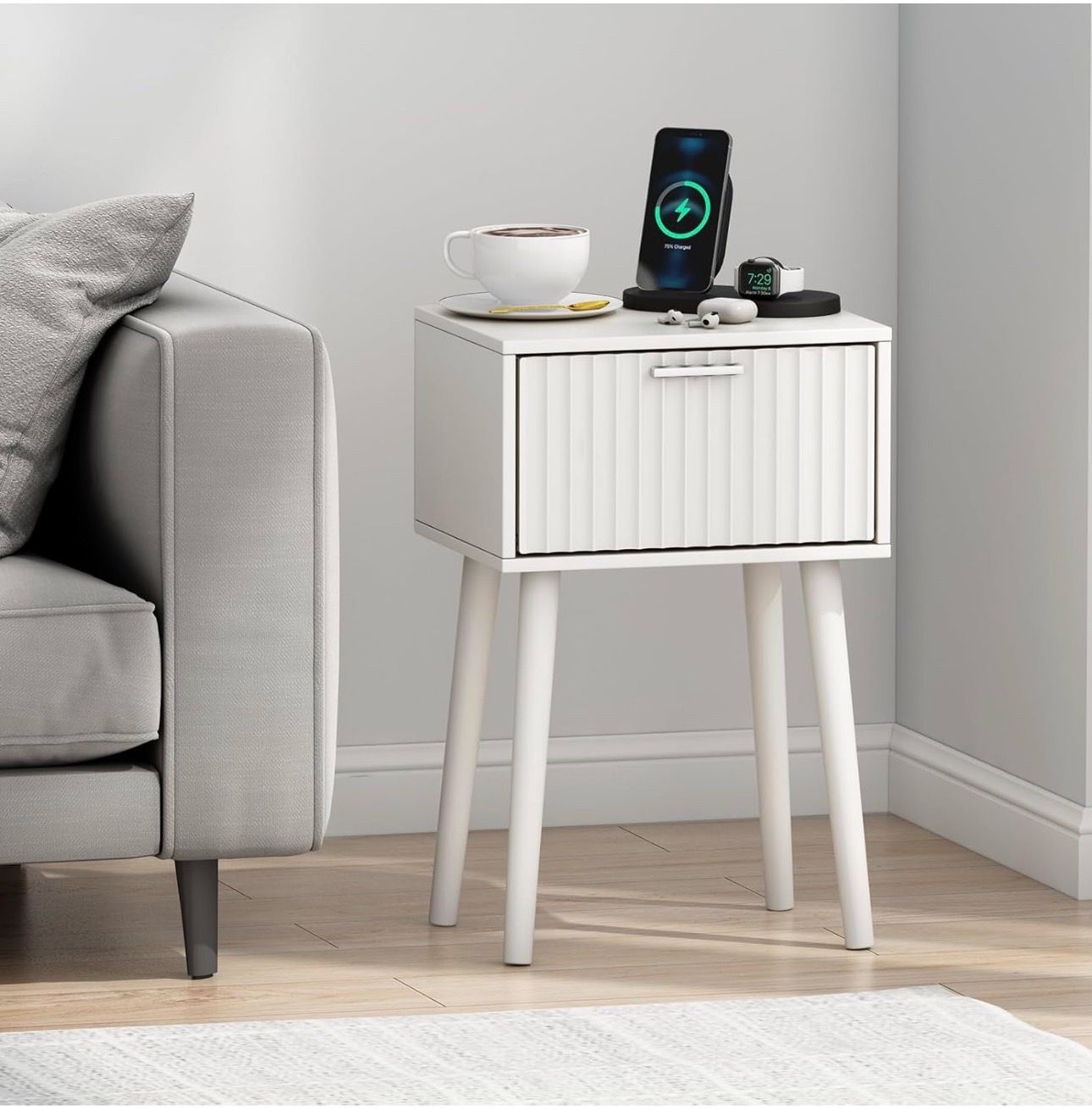 Nightstands Set of 2, Small Side Table, Bedside Table with Fluted Door, Solid Wood Feet; Modern Mid-Century End Table for Bedroom, Small Space (White)