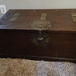 Antique Solid Wood Asian Trunk With Brass Fittings And Hardware