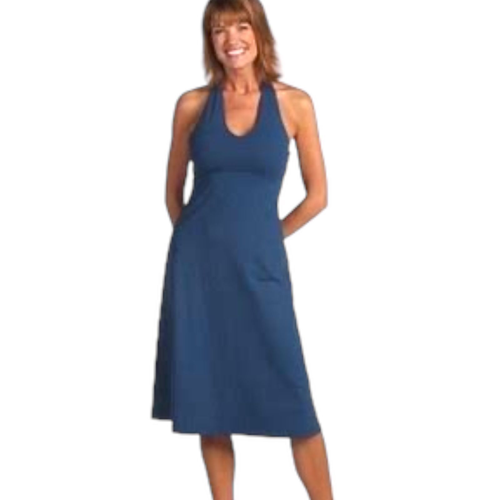 Patagonia Morning Glory Halter Dress Northern Lights Blue Tie Back Cut Out Jersey Knit Stretch Flowy Sundress Athleisure Gorpcore