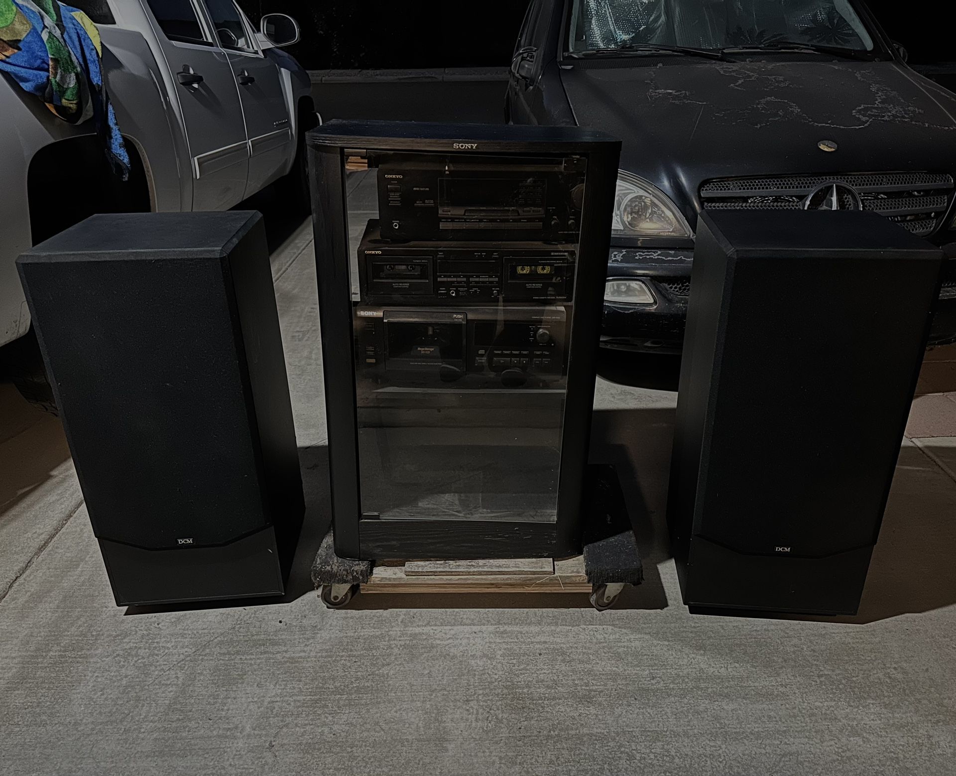 Sony Audio Rack, 1 CPD, 2 Cassette Tape Decks,  2 DCM Speakers