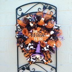 Handmade The Witch is In Halloween Wreath in Purple, Black, and Orange, spiders and skulls