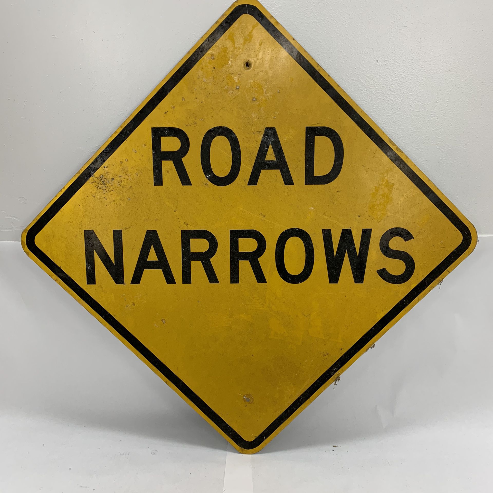 Vintage real retired aluminum ROAD NARROWS sign. Measuring 30”x30”