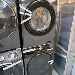 New Black Samsung Front Load Washer And Stackable Gas Dryer Set 