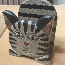 Wooden Cat Napkin Holder Black Stripes Heart Nose 