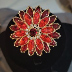 Large Red And Clear Rhinestones Brooch 