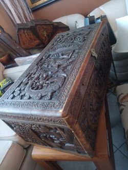 Large Antique Hand-Carved Wooden Chest