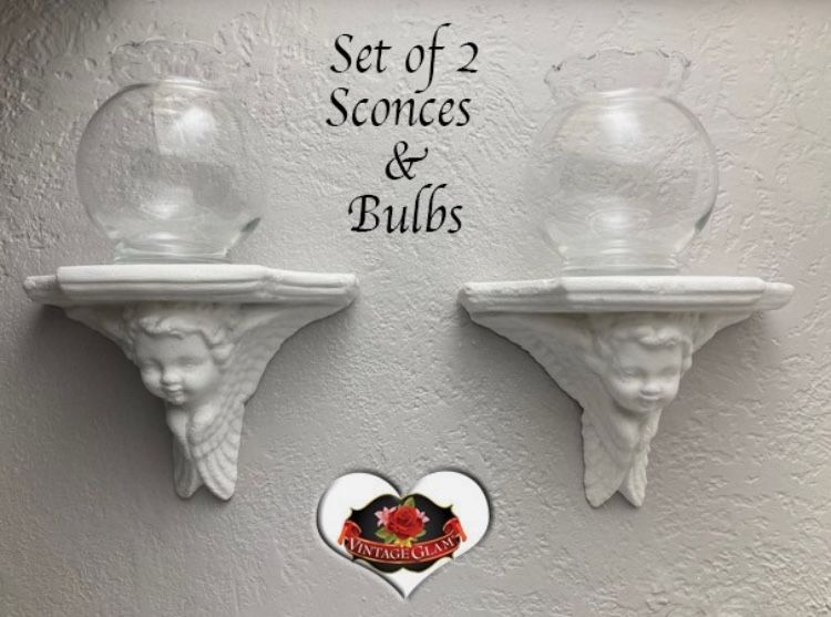 Set of 2 Vintage Cherub Head Sconces With Glass Bulbs