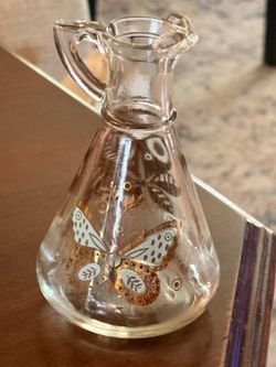Vintage Hazel Atlas Glass Cruet Bottle Mid Century Gold Leaf Butterfly 5”